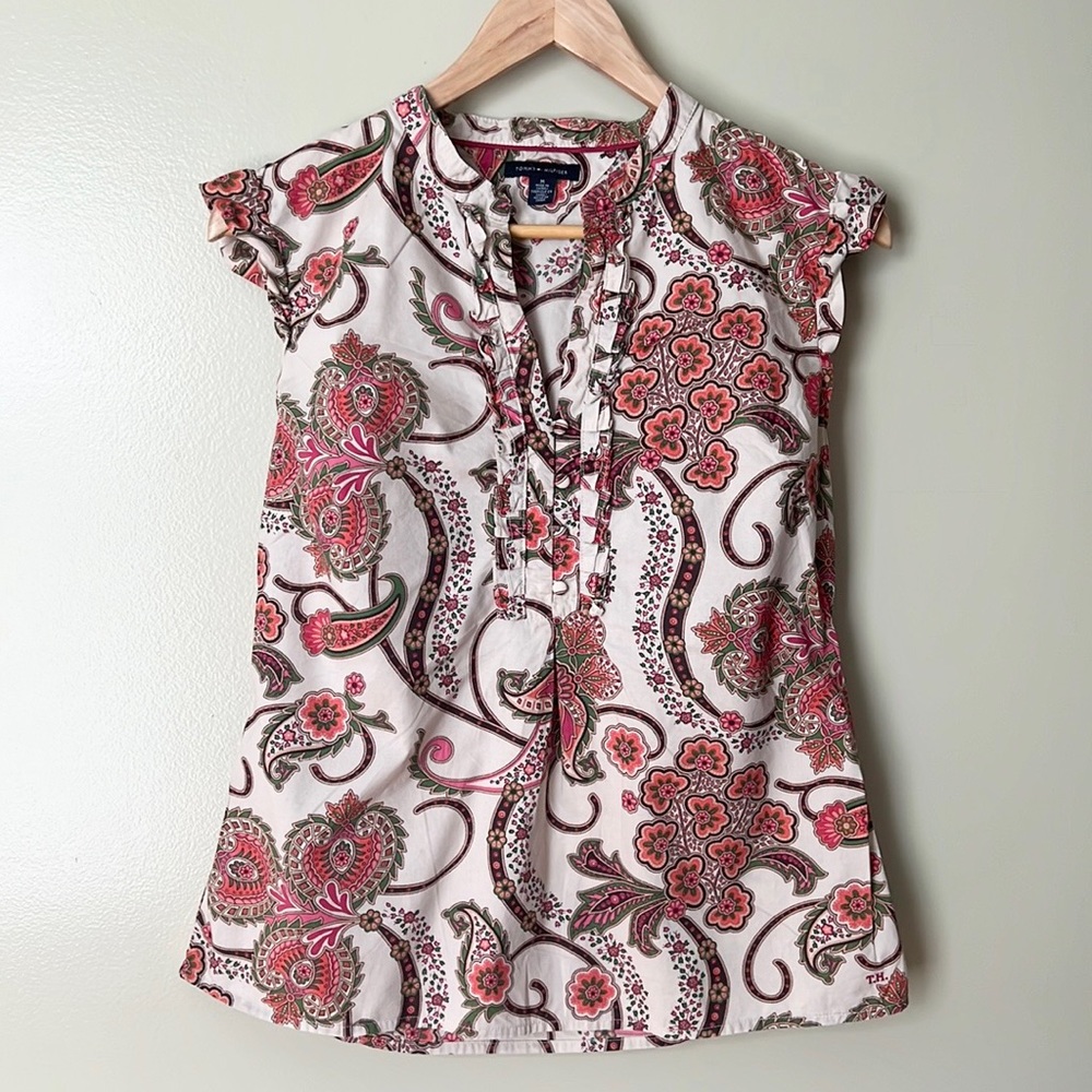 Tommy Hilfiger Sleeveless Ruffle Blouse Paisley & Floral Print Size Medium
